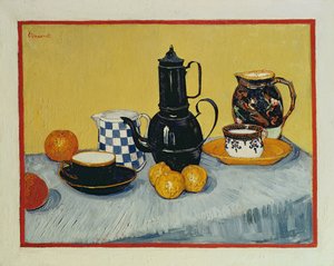 Still Life with Blue Enamel Coffeepot, Earthenware and Fruit